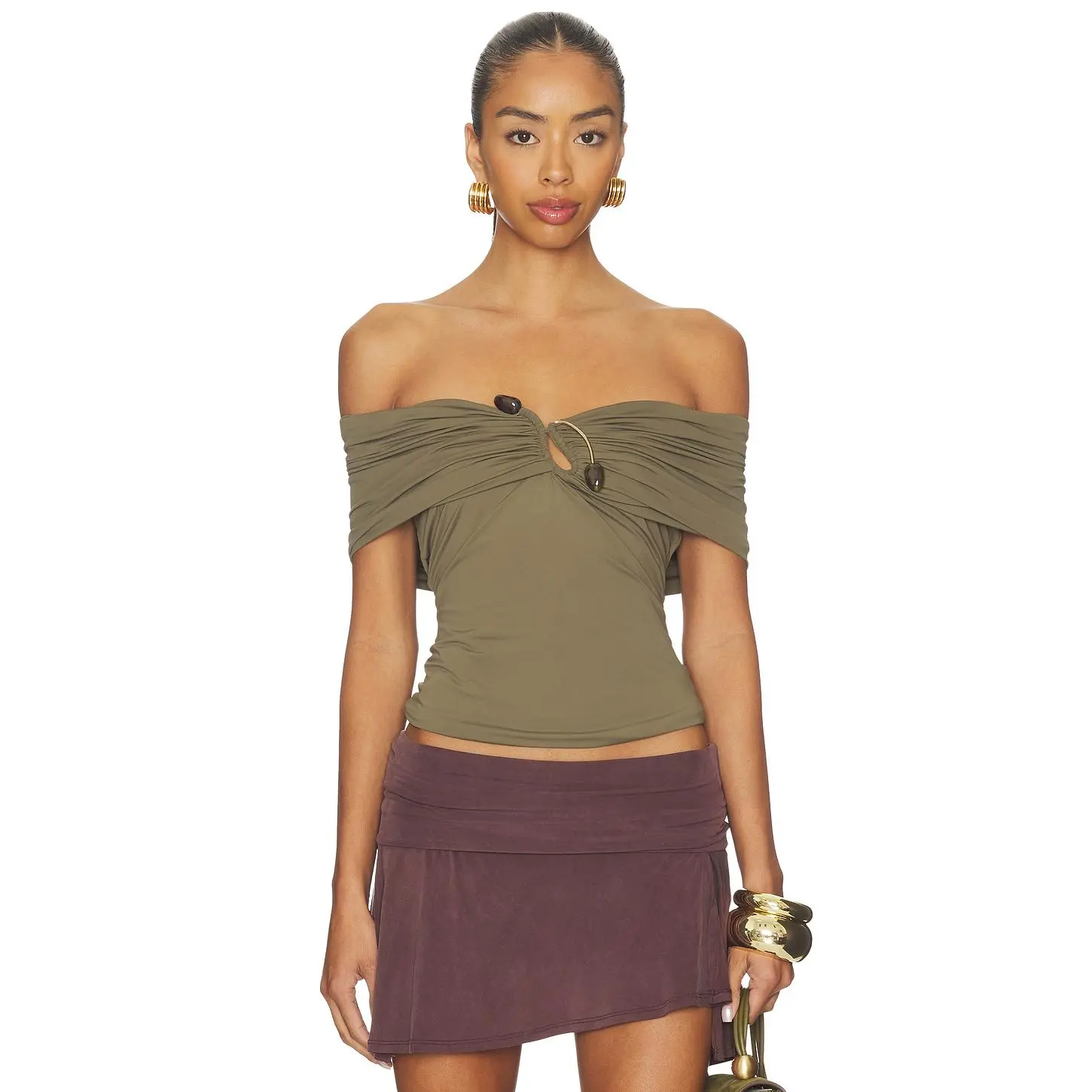 Bardot Martina Off The Shoulder Top in Khaki