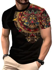 Men's 3D Aztec Print T-Shirt, Casual Round Neck, Fitted Regular Fit, Pure Color with Vibrant Design, Streetwear