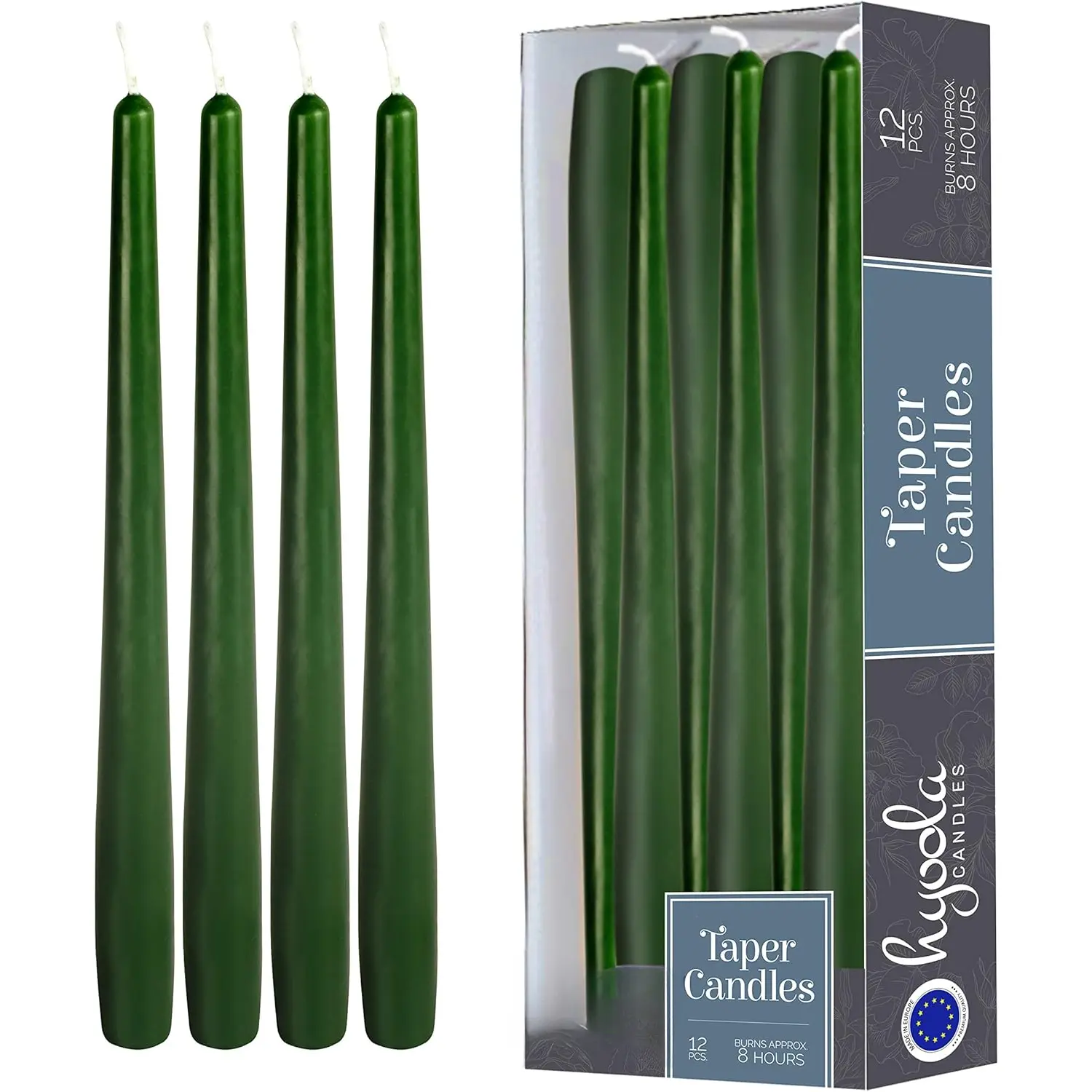12 Pack Tall Taper Candles - 10 Inch Hunter Green Dripless, Unscented Dinner Candle - Paraffin Wax with Cotton Wicks - 8 Hour  Time