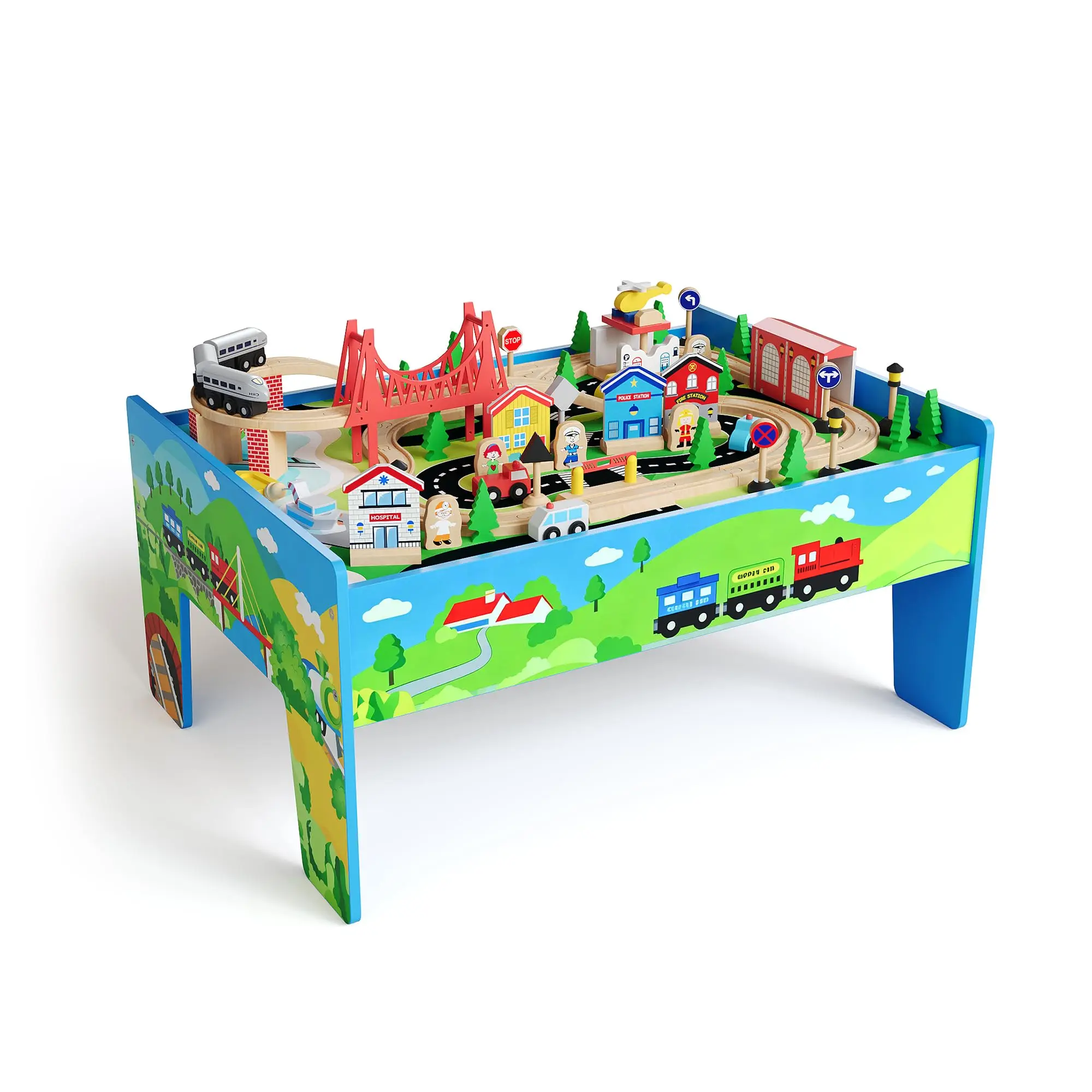 80-Piece Wooden Train Table Playset, 33" x 24" x 16" Multipurpose Kids' Activity Set w/ Tracks, Reversible Top for Cityscape Transportation Play, Birthday Gifts