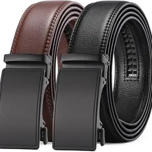 Male 2-Pack Premium Genuine Leather Ratchet Belts, Adjustable Strap Belt with Automatic Buckle, Multi-Size for Formal and Casual Wear