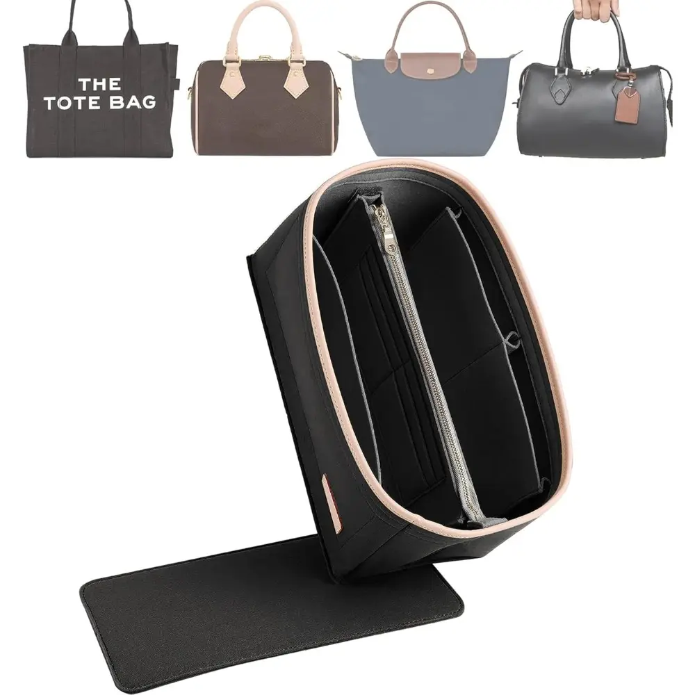 Luxury Bag Organizer Insert & Base Shaper 2pc Set - 11x6.1x10.4 Inches Elegant Everyday Carry Accessory for Bag Organization (M-Black, Compatible with Speedy 25, Le Pliage S, Neverfull & More), Everyday Carry Bag Organizers