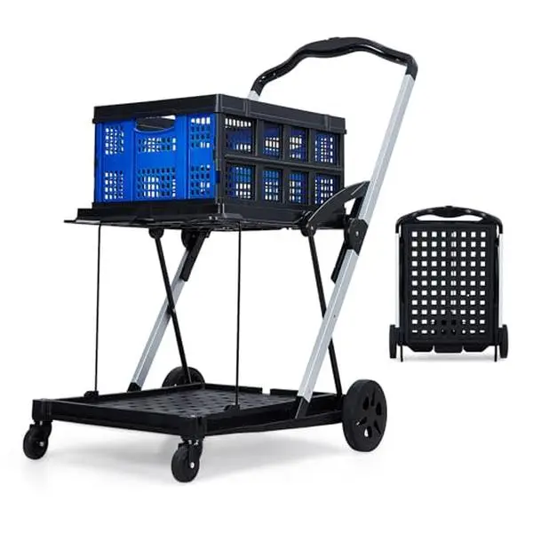 GARVEE Collapsible Shopping Cart with Wheels - 200 Lbs Capacity, 2-Tier Platform Hand Truck with Foot Brake, Storage Crate for Groceries, Office