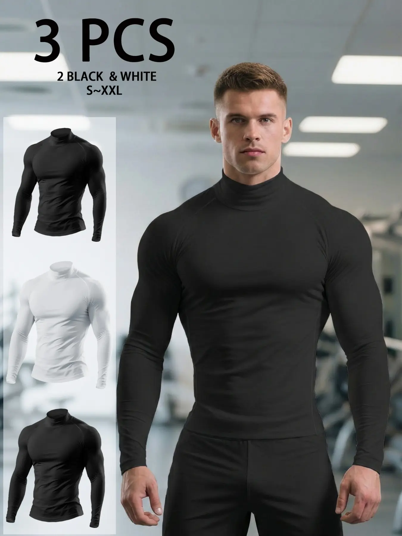 1-Pack Men's Quick Dry Stretch Fitness T-Shirt, High Neck Long Sleeve Compression Workout Top, Solid Color Moisture Wicking Breathable Performance Athletic Shirt for Gym Training Sportswear, Fitness, Running, Four Season Active Wear