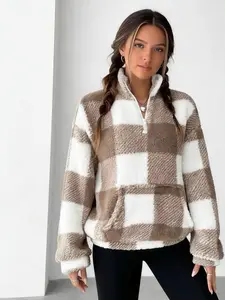 Plaid Half Zip Drop Shoulder Fleece Sweatshirt, New Thick Warm Fashion Casual Comfortable Long Sleeve Pullover for Spring & Fall, Ladies Clothes for Daily Wear