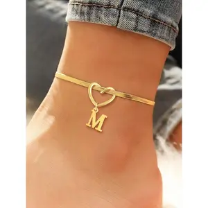 Mother's Day Gift Heart Initial Anklet for Women, Fashionable Stainless Steel Herringbone Chain Anklet for Women & Girls, Trendy All-match & Exquisite