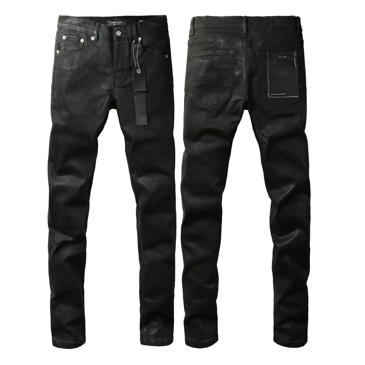 Men’s Black Waxed Skinny Jeans - Premium Coated Denim, Slim Fit Streetwear Pants, Designer Black Label