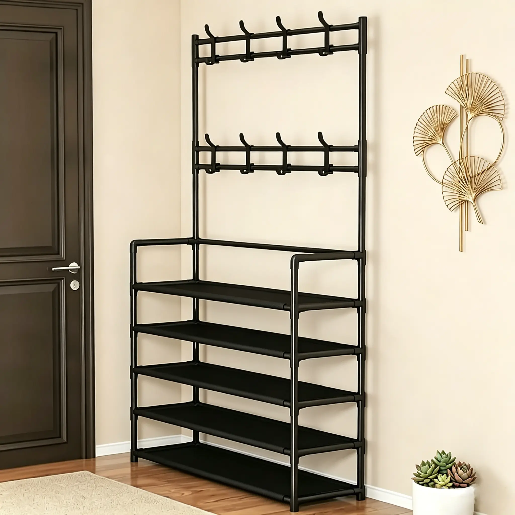 5-Layer Durable Rectangle Shoe Rack Organizer with Vertical Hanging Rack, Movable Hooks - Single Unit Stackable Storage Organization Solution for Entrance Hall, Balcony, Metal Fabric