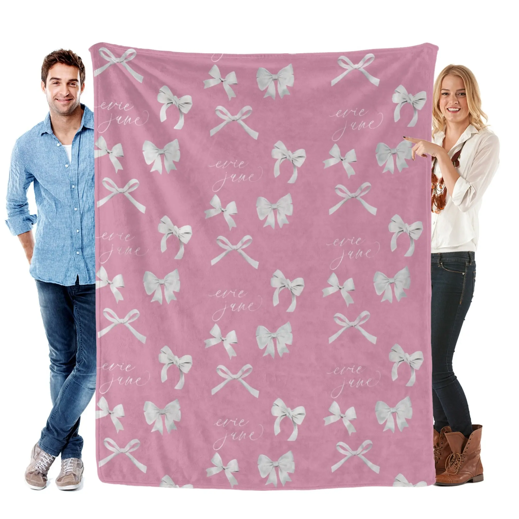 Custom Evie-Jane Name Pink Bow-Print Flannel Throw Blanket, Ultra-Soft Cozy Lightweight Personalized Name Blanket, Aesthetic Bow Pattern Home Decor Blanket for Sofa, Bed and Dorm, Exquisite Customized Keepsake Gift For Girls