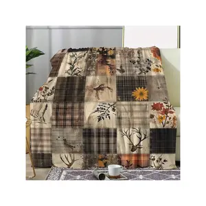 1pc Vintage Rustic Plaid & Floral Quilted Flannel Blanket - Soft 280-300gsm All-Season Bedspread, Warm Beige/Brown/Black/White/Gray/Orange Throw Sofa, Bed, Camping, Travel - Cozy Durable Comforter, Birthday Mother's Day Size 70x140cm/27. 56x55. 12 In