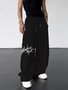 Men's "Thorn Branch" Gothic Wide-Leg Pants - Edgy White Thorn Graphic Print, Baggy Relaxed Fit, Perfect for Streetwear Aesthetic, Punk Style, Casual Daily Wear & Dark Self-Expression, Grunge Statement Trousers, Loose Baggy Pants