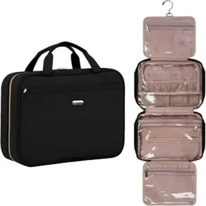 BALULHG Travel Toiletry Bag For Women, Large Makeup Cosmetic Bag Organizer With Hanging Hook for Travel Accessories TSA Approved Water-resistant,Black PU Leather Canvas PU Leather PU