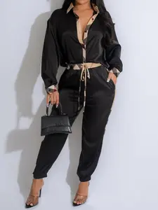 Two-Piece Fashion Jumpsuit Set with Belt Design, Geometric, Fitted, Casual Style, Perfect for Daily Wear and Vacation, Women's Clothing Pants