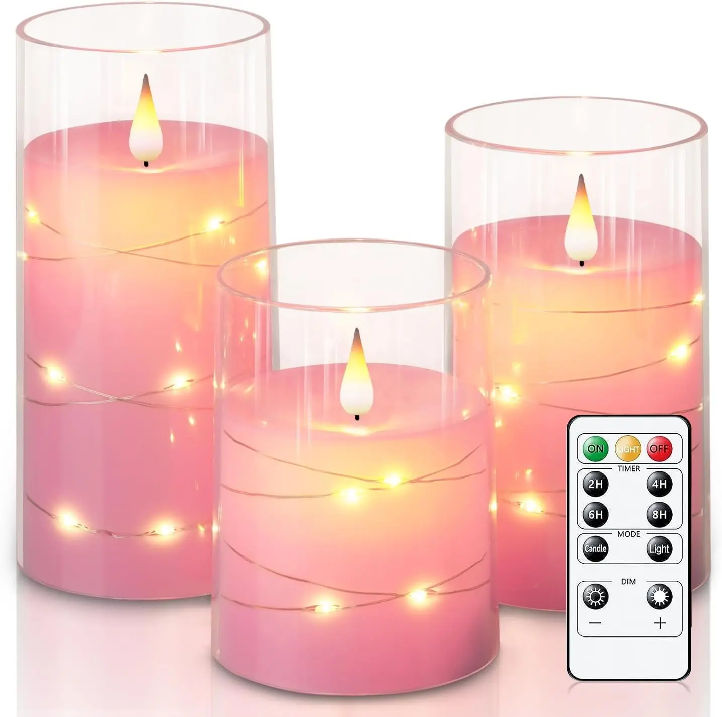 Pink Flameless Flickering LED Candles Set of 3 - Unbreakable Plexiglass, Battery-Operated, String Fairy Lights, Remote Control - for Room Decorations, Whimsical Room Decor, College Dorm Decor, Girly House Accessories #SummerVibes