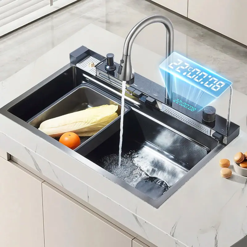 304 Stainless Steel Large Single-Slot Waterfall Kitchen Sink Set with Integrated Digital Display Faucet, Soap Dispenser, Cup Washer and LED Lights