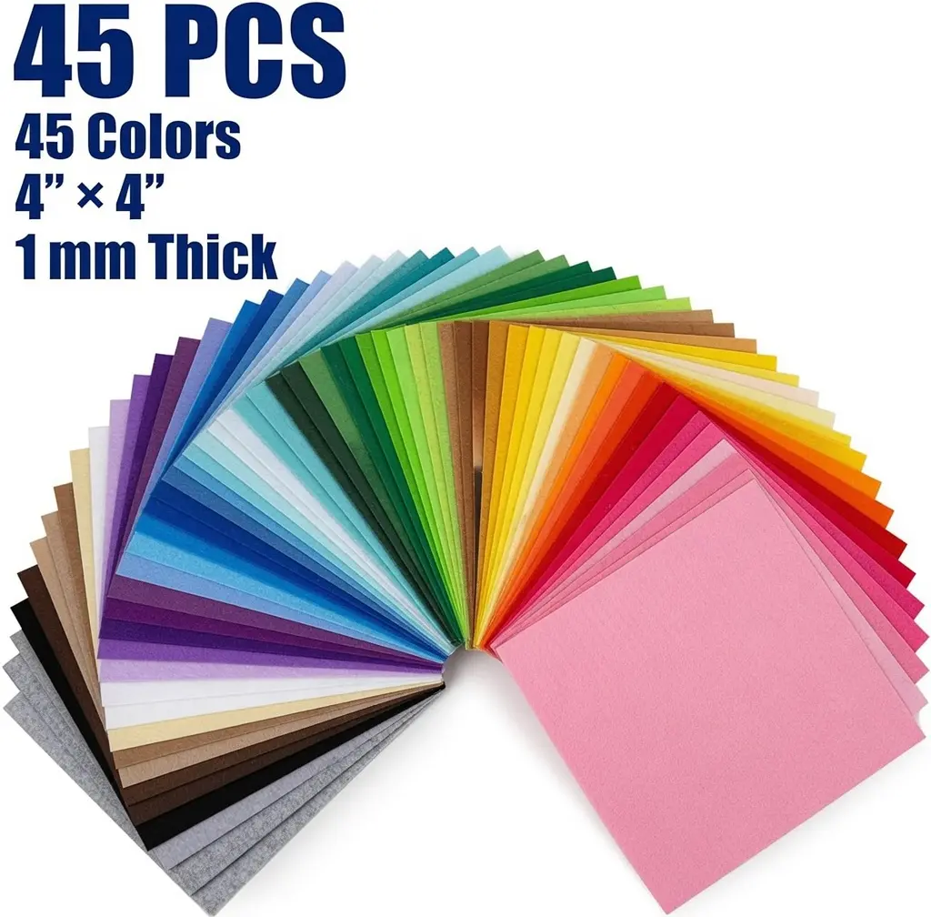 45 PCS Assorted Felt Sheets for Crafts, 4 x 4 Inch Stiff Felt Fabric Squares, 1 mm Thick Colorful Felt Pack for DIY Sewing, Patchwork, Applique, School Projects, Home Decor & Handmade Crafts