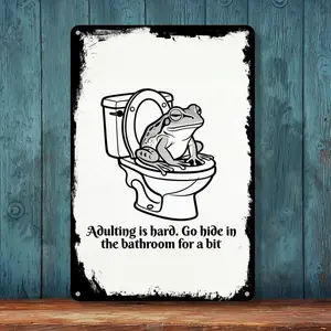 "Adulting is Hard" Funny Frog Bathroom Metal Sign, 8x12 Inch Retro Black & White Toilet Wall Decor for Home