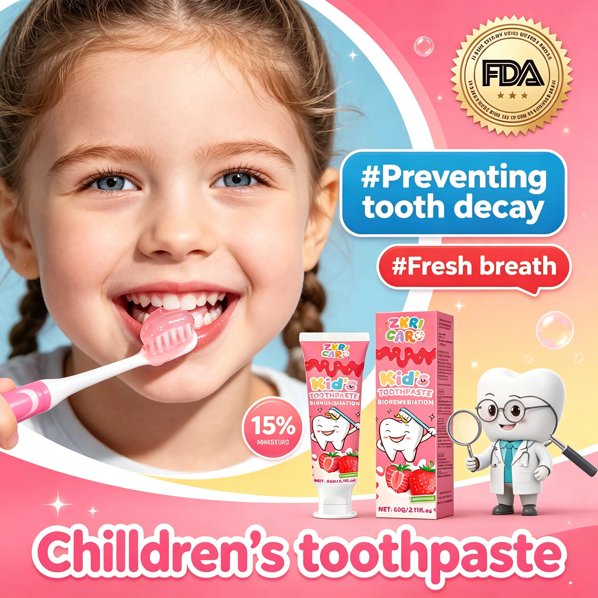 ZKRICARO Kid's Toothpaste Bioremediation, Ultimate Anti-Cavity Formula to Remove Cavities, Relieve Toothache, 100% Natural Strawberry Flavor, Strong Enamel Defense for Children, Fresh Breath, Best Toddler Brushing Hack Oral Foam Radiant Whitening Gentle