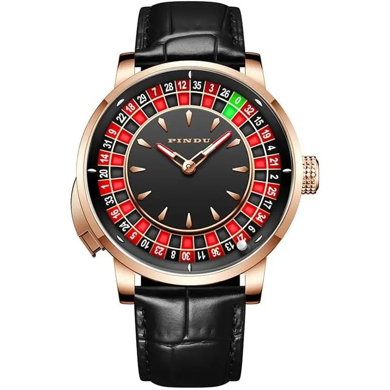 PINDUR Men's Automatic Roulette Wheel Watch with Black Leather Band, NH35A Mechanical Movement, Sapphire Glass, 50M Waterproof - Game Night Fashion Accessory