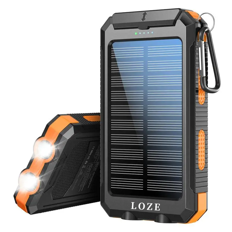 LOZE Solar Power Bank 10000mAh, Built-in Super Bright Flashlight, Compass, Dual USB Output Ports Power Bank, Portable Charger with USB C Interface for