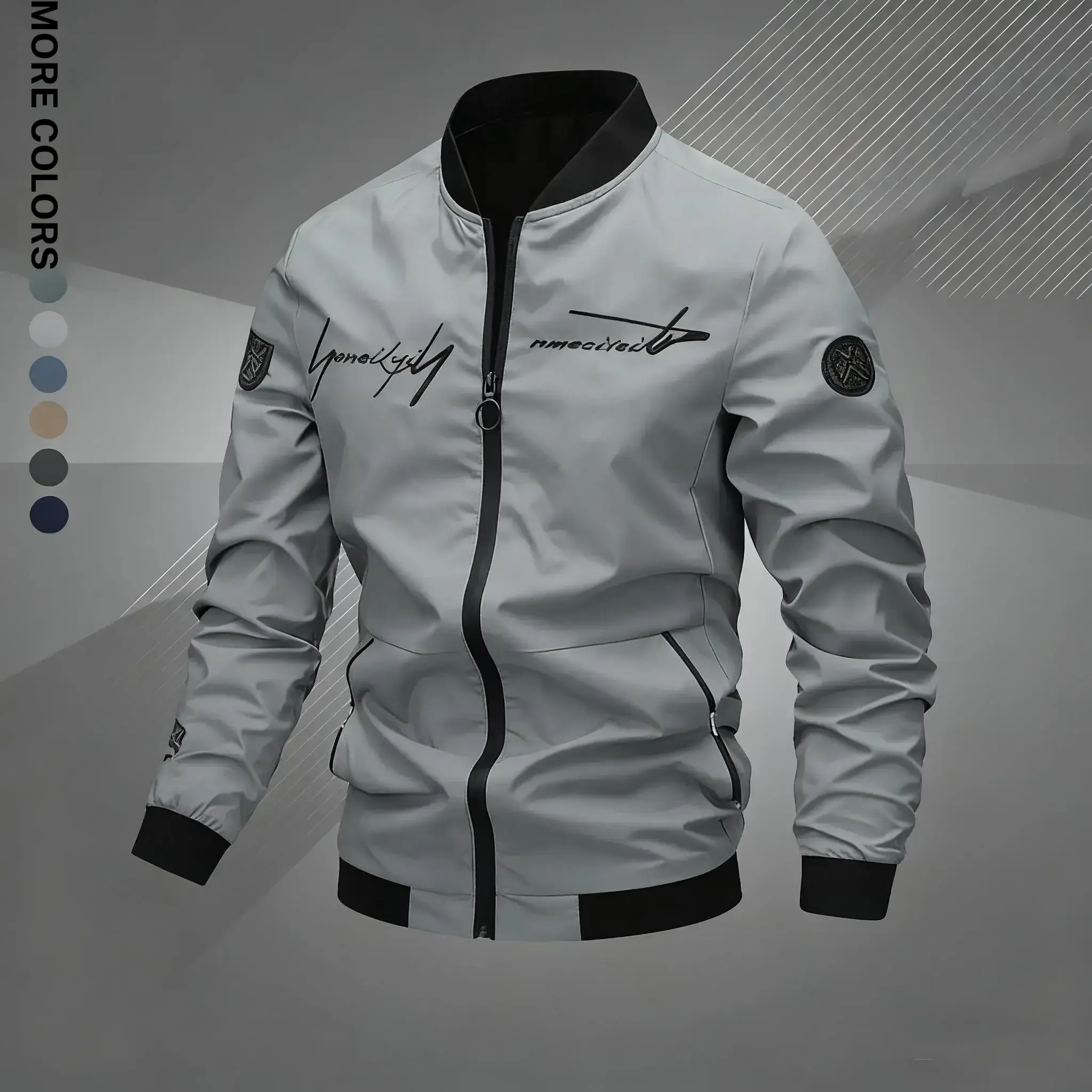 Men's Baggy Streetwear Woven Pilot Jacket with Baseball Collar, Windproof Pull-On with Letter Embroidery