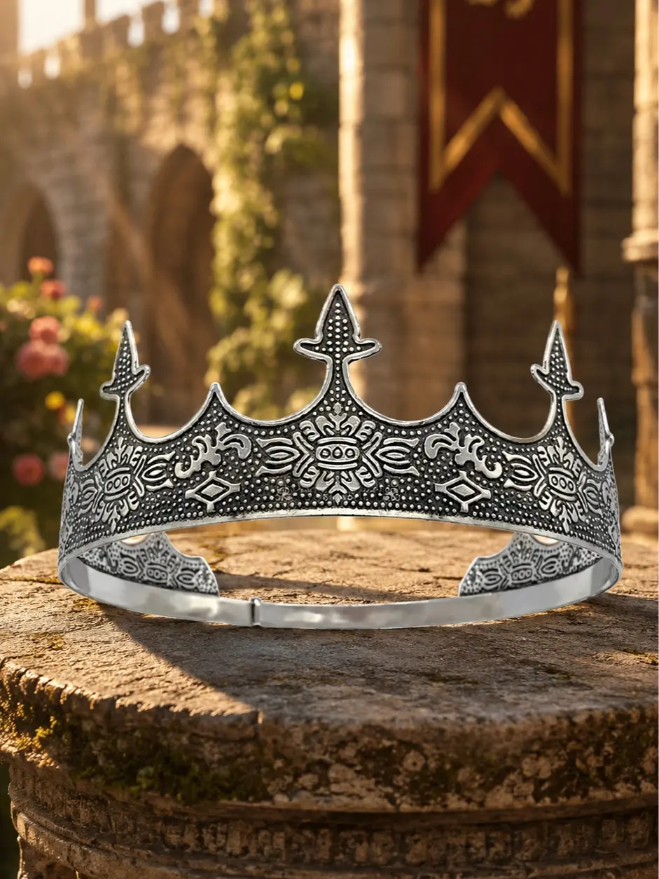 The Armored Kingdom Unisex Medieval Handmade Carved Antique-Style Crown & Tiara, 3.8 in Antique Silver Iron&Copper Headpiece, Adjustable Safe for All Skin Types for Cosplay, Formal Ceremonies, Ponytails, Styling, Daily, Hypoallergenic, Carved Patterns, Ce