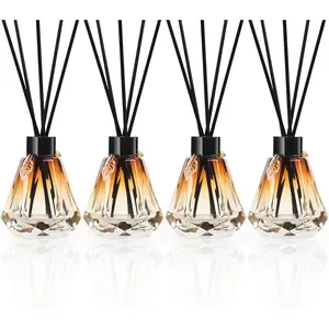 Reed Diffuser, 4pcs Reed Diffuser Empty Bottles with 20pcs Reed Diffuser Sticks, Delicate Gold Leaf Decor, Glass Fragrance Diffuser Set with lids for Home, Bathroom |   Refillable,Diamond Style Blackd Scented Aroma Perfume Freshener