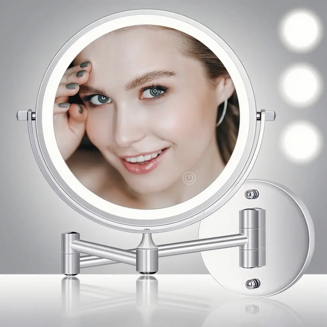 Silver Wall-Mounted Vanity Makeup Mirror with Light - 1x/10x Magnifying, 3-Color Touchscreen Dimming, 360° Rotatable, Adjustable Extendable Foldable, Rechargeable, Easy Installation with Screws, Home Decor Accessory