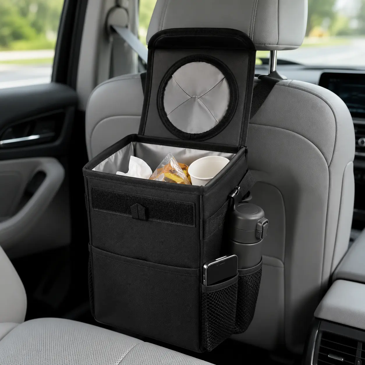 DIYCOM Cup Holder Car Trash Can - Leakproof, Waterproof, Foldable Compact Auto Garbage Bin with Lid, Front/Back Seat Mounting Trash Holding Truck Seat Organizer for Stowing & Tidying Clean Driving campingessentials campingessentials campingessentials