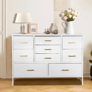 [ManyDFYu]StorageHacks Viral Tall White Fabric Dresser with 9 Drawers BedroomOrganization, Storage Tower NurseryOrganization, Chest of Drawers with Fabric Bins for Home Organization