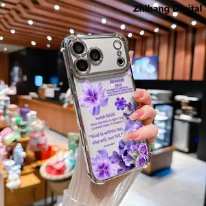 Christian Bible Verses Purple Floral Cascade Pattern Premium Electroplated Four-corner Anti-fall Mobile Phone Case for iPhone 17 Pro Max Air 16Plus 15 14 13 12 11 cases Cover Anti-drop Silicone Shockproof Cellphone Cover