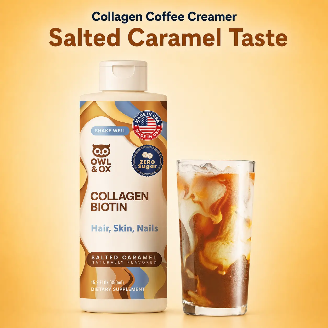 Owl & Ox Collagen + Biotin Coffee Creamer, Salted Caramel, Hair Skin & Nails Support, Sugar-Free & Dairy-Free