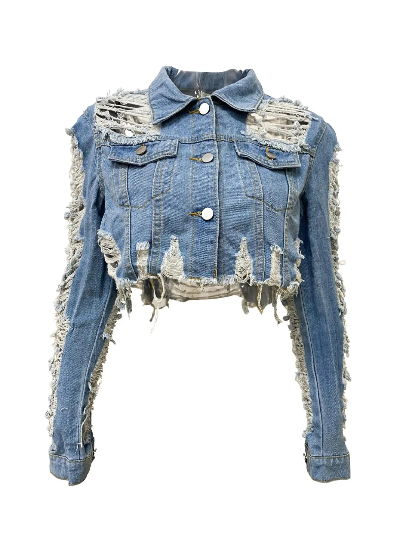 Women's Ripped Raw Hem Button Front Slim Fitted Crop Denim Jacket, Essential Fashion Casual Pocket Long Sleeve Collared Outerwear Coats for Everyday Outdoor Wear, Ladies Clothes for Fall & Winter, Womenswear