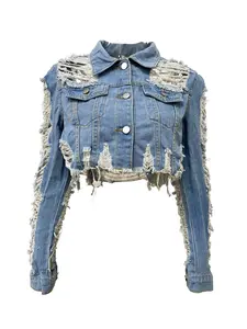 Women's Ripped Raw Hem Button Front Slim Fitted Crop Denim Jacket, Fashion Casual Pocket Long Sleeve Collared Outerwear for Everyday Outdoor Wear, Ladies Clothes for Fall & Winter, Womenswear