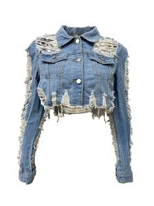 women's ripped raw hem button front crop denim jacket, fashion tops, casual pocket long sleeve collared outerwear for daily outdoor wear, ladies clothes for fall & winter, downtown girl clothes, essential coat, longsleeves womenswear, everyday