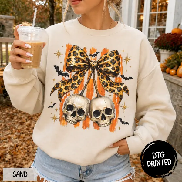 Leopard Bow Skull Sweatshirt — Coquette Meets Gothic Halloween, Customized Apparel