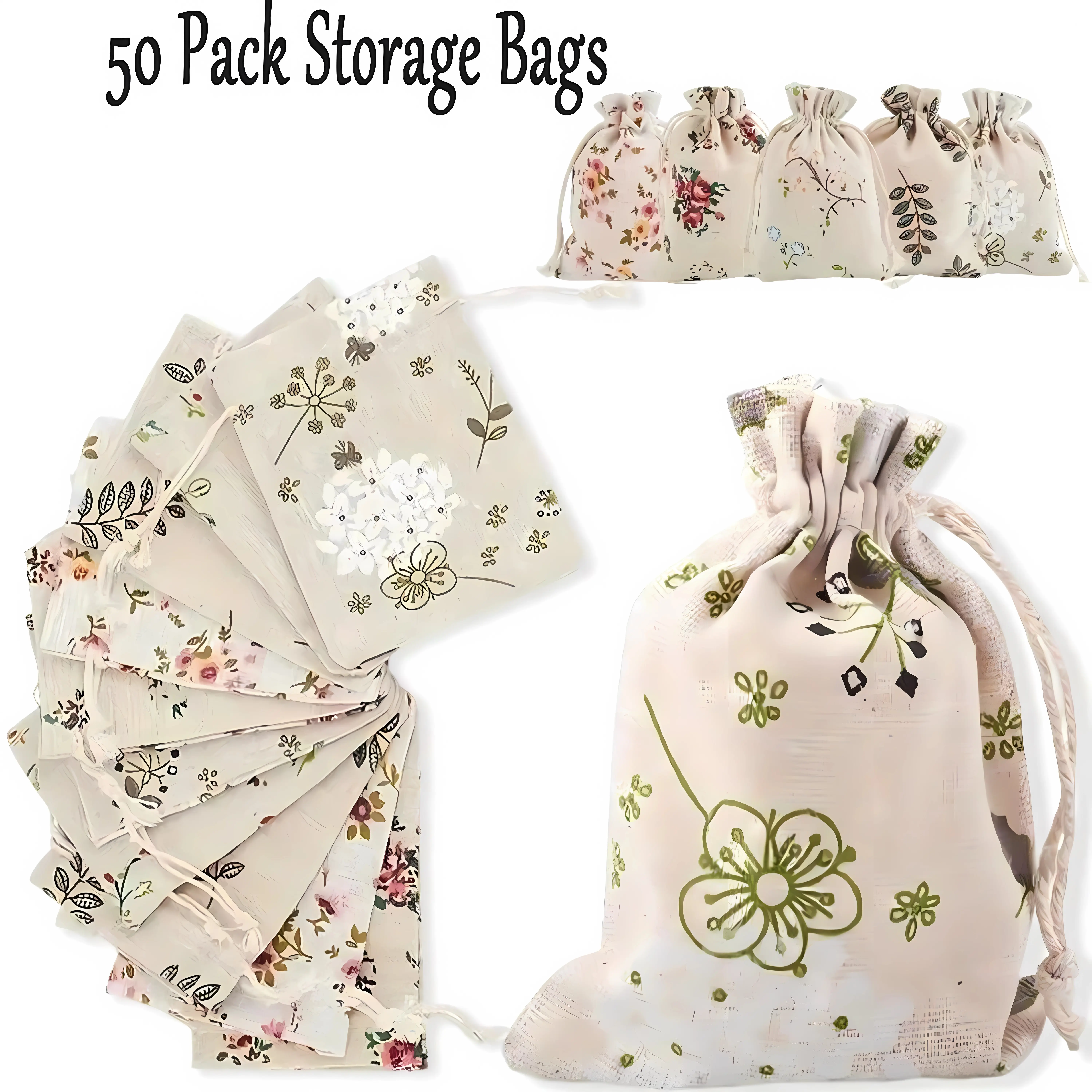 50 Pcs Floral Linen Drawstring Gift Bags,Premium Cotton Burlap Jewelry Pouches Set,Vintage Treat Favor Bag Bulk Pack for Wedding,Birthday,Party Supplies,Halloween,Christmas,Fathersdaygift,Hand Tools Kits