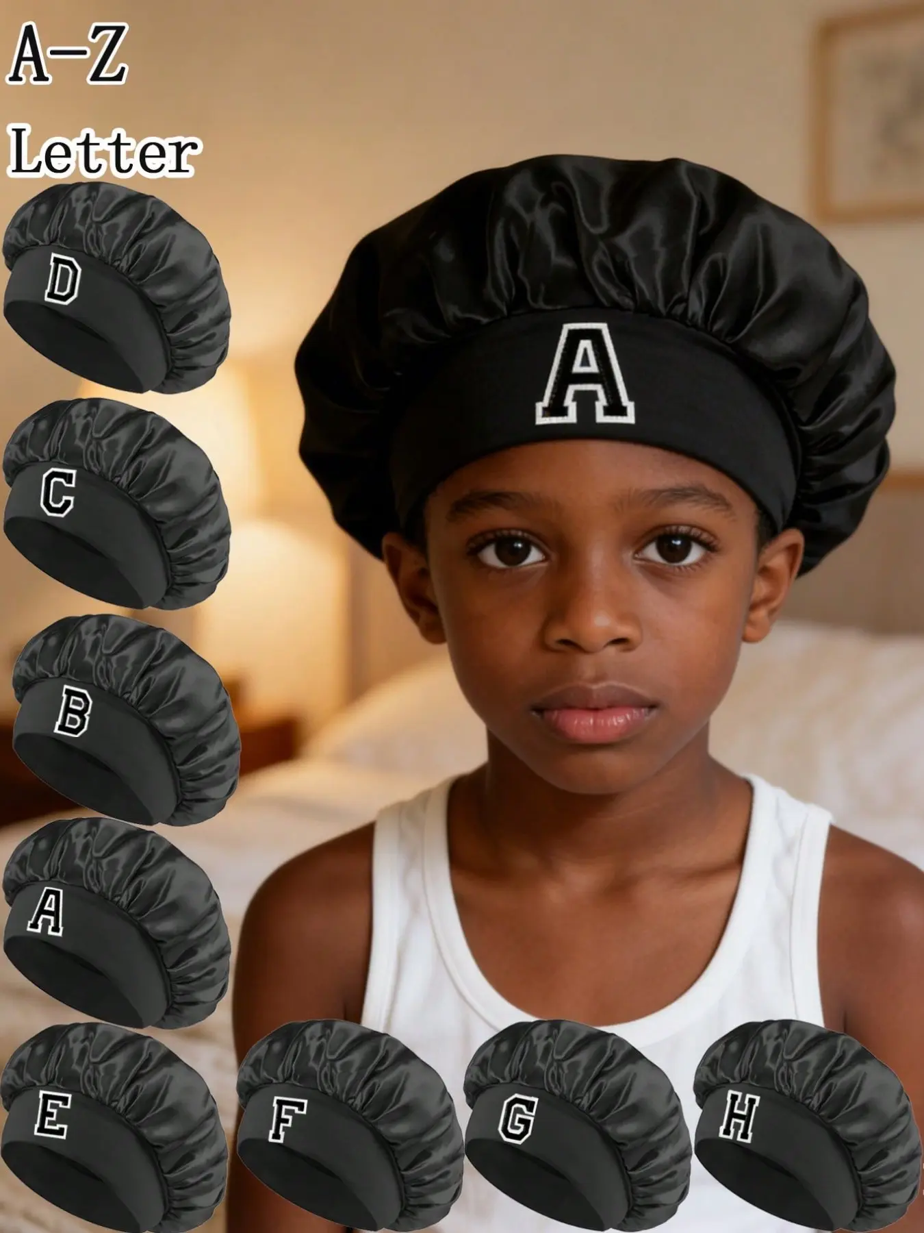 1PC A-Z Letter Alphabet Kids Hair Care Bonnet, Wide Elastic Band Non-Slip Sleep Cap Dual-Function for Sleep & Bath Kids Glossy Satin Hair Care Bonnet 3-8Y