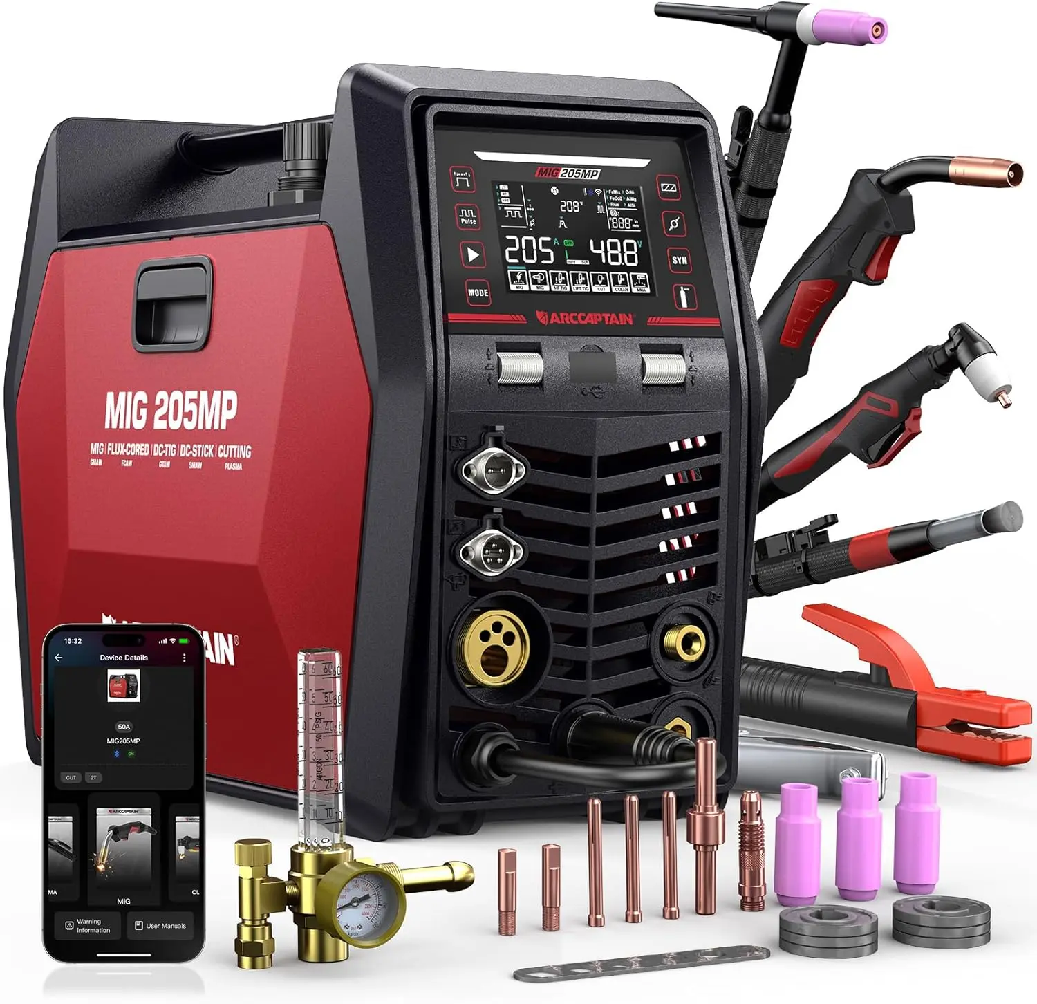 ARCCAPTAIN MIG205MP MIG Welder with Plasma Cutter, 9 IN 1 Welding Machine | 120/240V, App Control, Pulse MIG/Flux Core/Cut/DC HF/Lift TIG/Clean/Stick/Spool Gun Aluminum Welding, Home DIY Projects