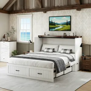 Queen/Full Size Murphy Bed with Storage Drawers & Charging Station, Space Saving Foldable Murphy Cabinet Bed for Guest Room Studio Apartment
