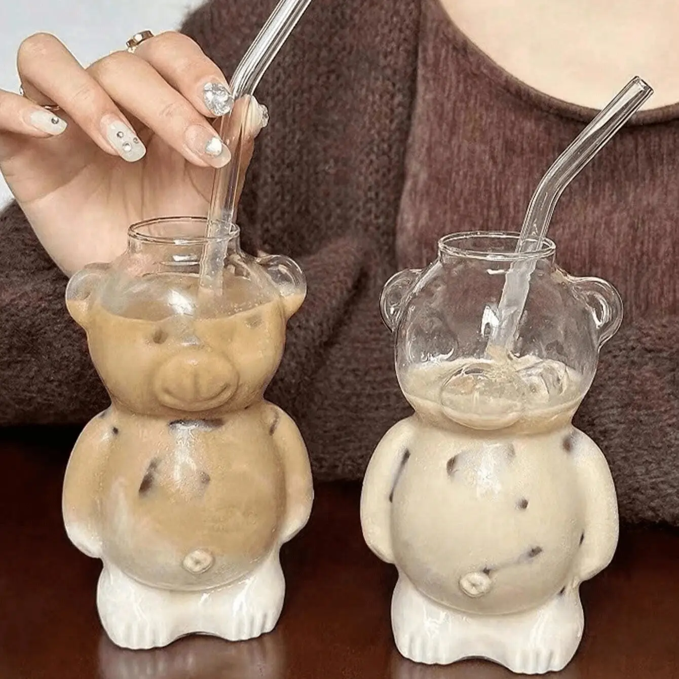 2 pieces/set (1 small bear glass water cup + 1 glass straw), High borosilicate glass cup, bear coffee mug, INS-style cartoon single-layer glass cup, reusable, Drinking glassware