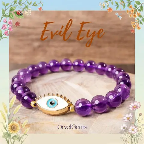 Evil Eye Healing Crystal Bracelet | 8mm Smoky Quartz, Tiger's Eye, Lapis Lazuli, Amethyst, Howlite, Red Agate, Orange Agate, Garnet, Chrysocolla Beads | Unique Handmade Jewelry for Positive