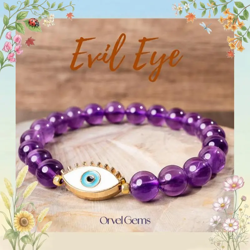 Evil Eye Healing Crystal Bracelet | 8mm Smoky Quartz, Tiger's Eye, Lapis Lazuli, Amethyst, Howlite, Red Agate, Orange Agate, Garnet, Chrysocolla Beads | Unique Handmade Jewelry for Positive