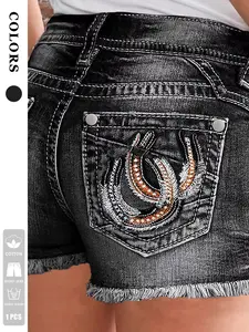 1 pair women's distressed and fringed decorative back pocket with horseshoe embroidery, elastic denim fabric, comfortable and versatile, fashionable style, mid waist embroidery denim shorts for daily outings/party celebrations/spring and summer seasons