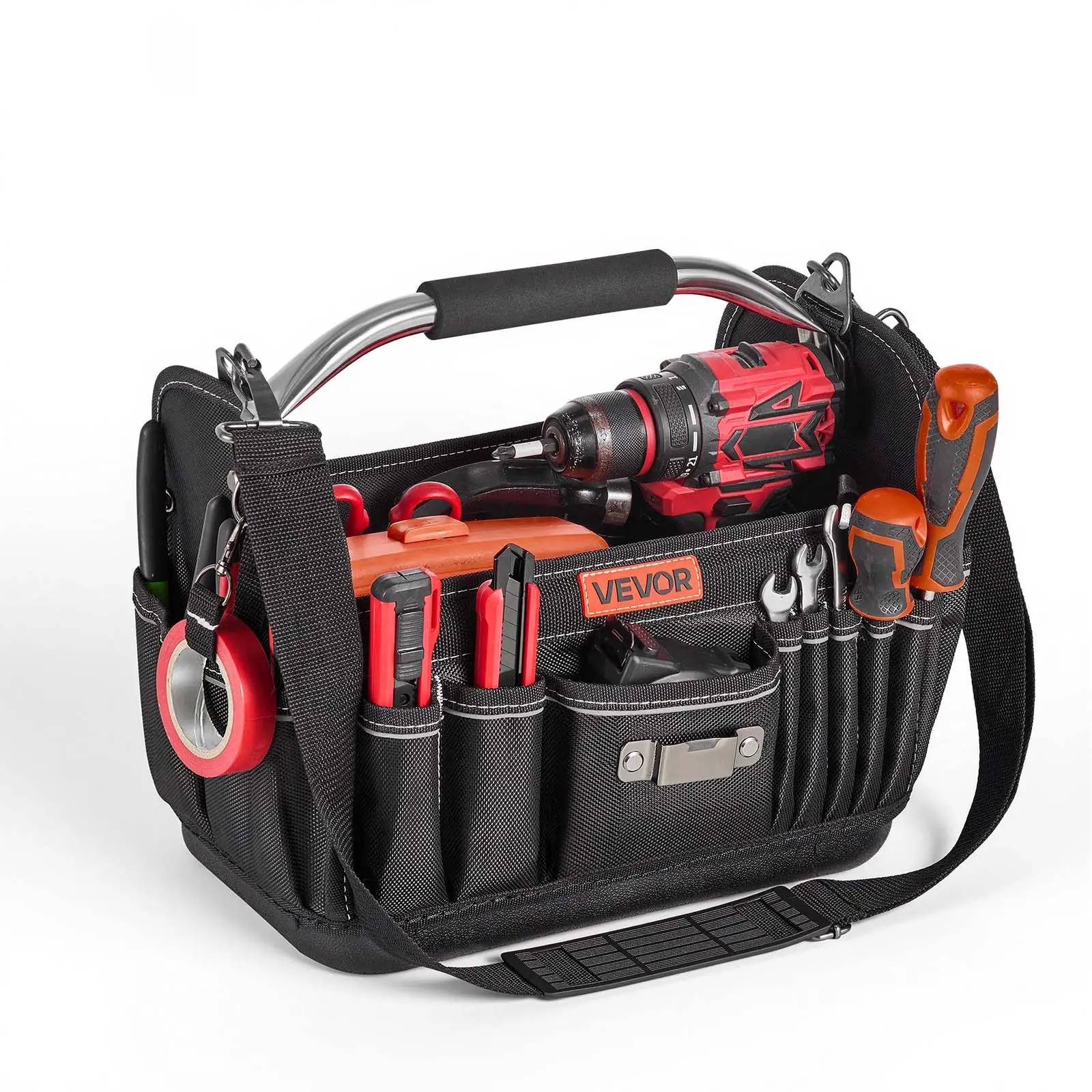 VEVOR Heavy Duty Tool Bag, 13 in Construction Tool Organizer with 33 Pockets, Open Top Tote, Hard Plastic Base, Adjustable Shoulder Strap, Durable Work Accessories for Men’s Work Accessories, Repair & Maintenance Professionals, Reinforced, Fathers