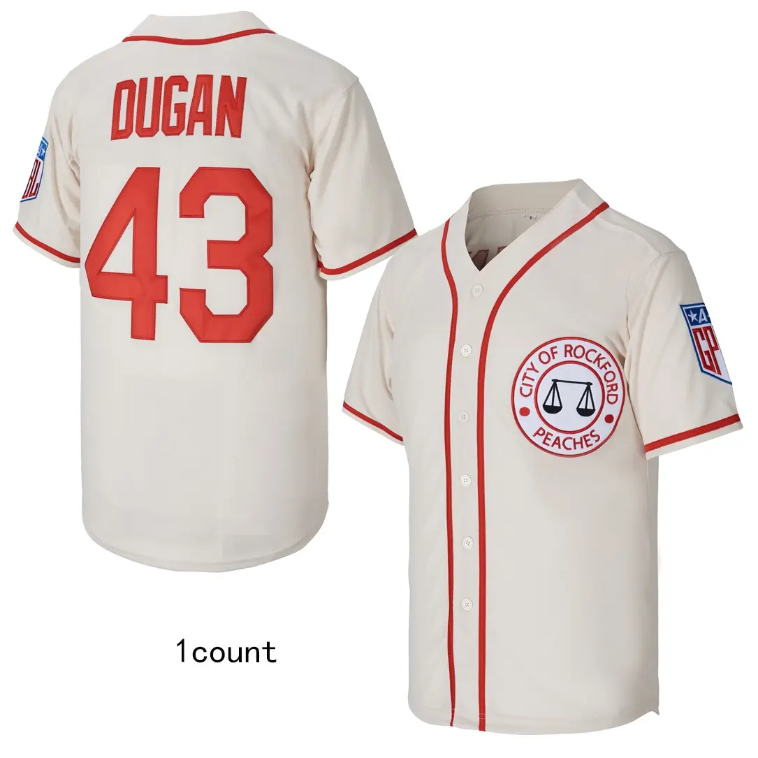 Men's #43 Jimmy Dugan Rockford Peaches Replica Beisbol Jersey Shirt - A League of Their Own Costume, Embroidered V-Neck Breathable Polyester Athletic Sports Top, XL Sports Wear, Jersey Shirts, Embroidered Jerseys