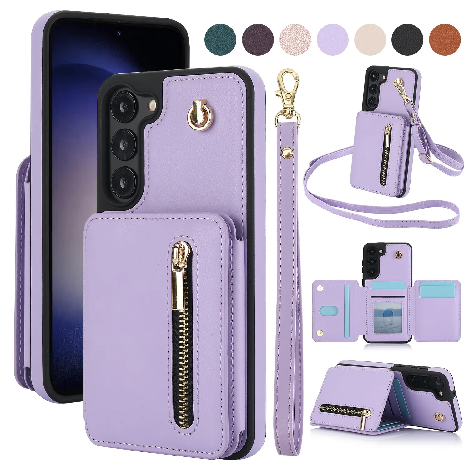 PU Leather RFID Blocking Card Wallet Case with Flip Stand, Crossbody Lanyard Strap & Wristband for Samsung Galaxy S26 Ultra Plus, S25, S24, S23, S22 Ultra Plus - Cellphone Protection Casing, Mobile Phone Accessories (Compatible with Screen Protectors), Fl