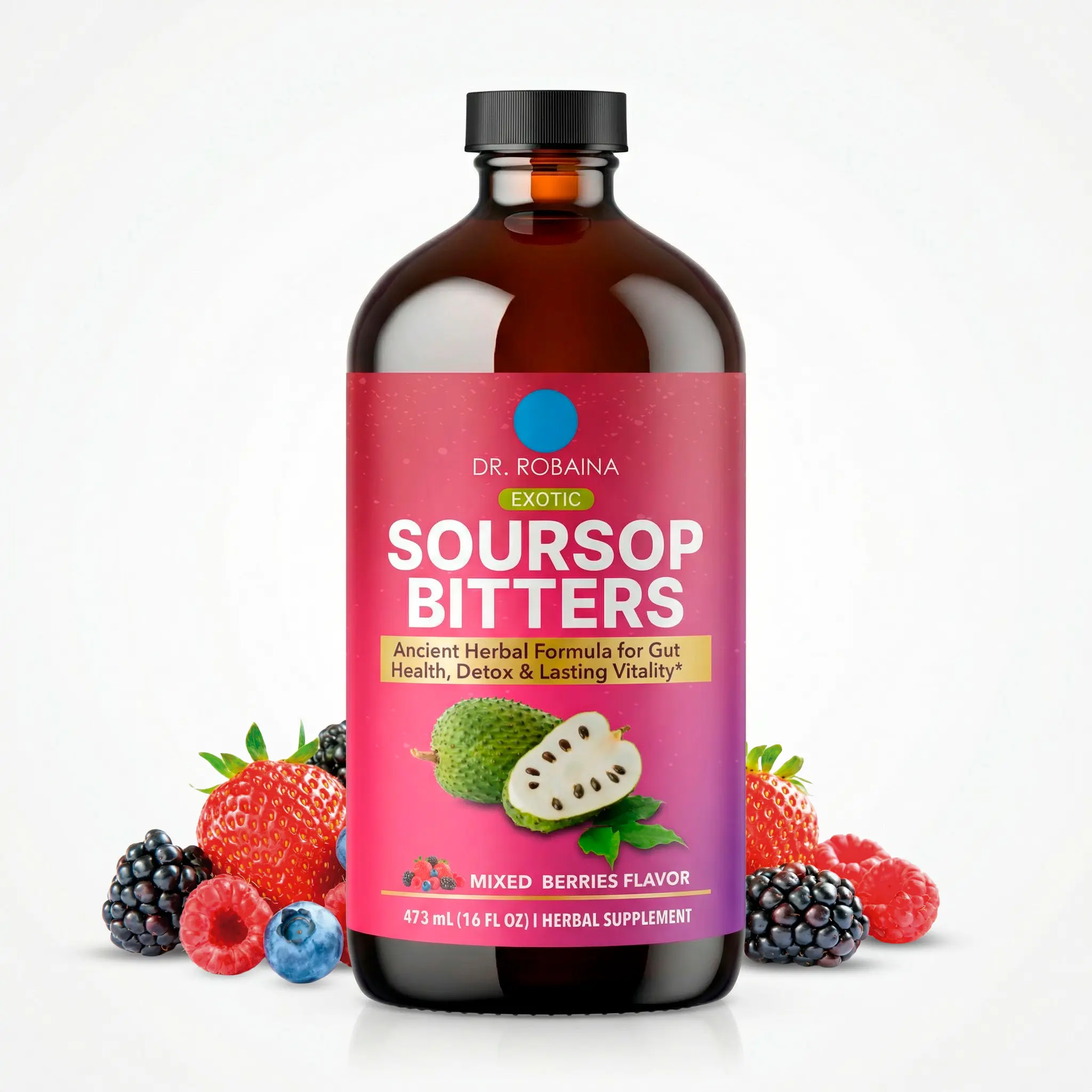 Dr. Robaina Soursop Bitters Herbal Liquid Supplement | Guanabana & Botanicals | Mixed Berry Flavor | Vegan, Non-GMO, Made in USA | 16 fl oz