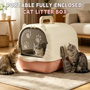 [MeynnPet]  Portable Cat Litter Box with Scoop/Odor Control/Easy Clean/Pink&Gray/Cat Litter Box with Handle/Open-Top or Enclosed Type