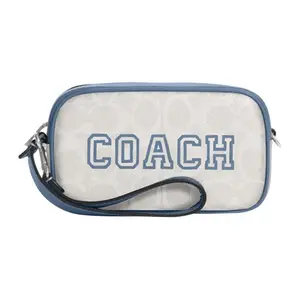COACH Jamie 18 Classic Monogram Wristlet Clutch Bag for Women, Chalk White and Indigo Blue
